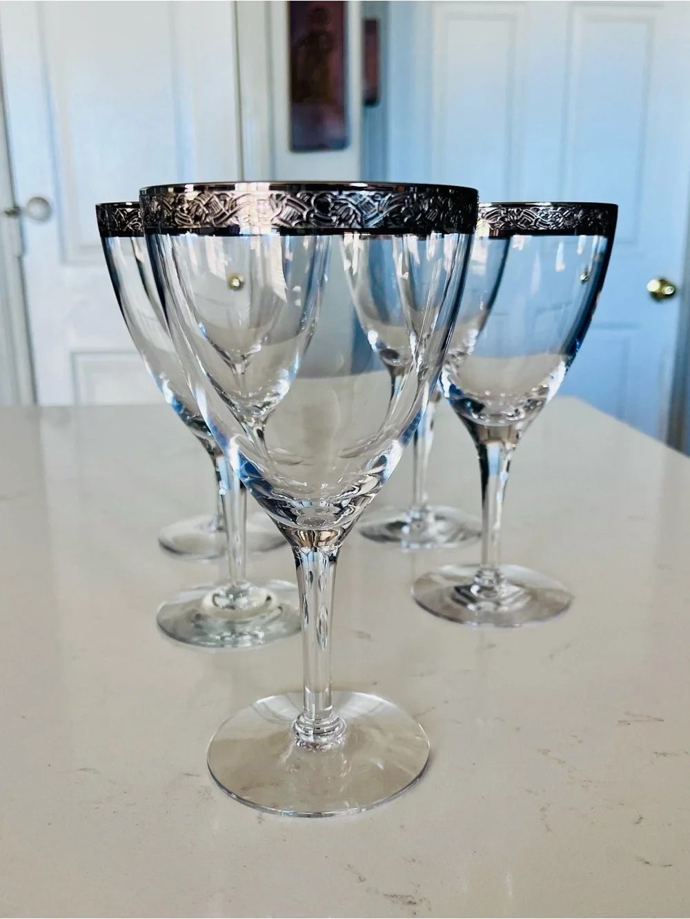 Vintage 1960’s Fostoria Mantilla Platinum Rims wine water glasses set of 5